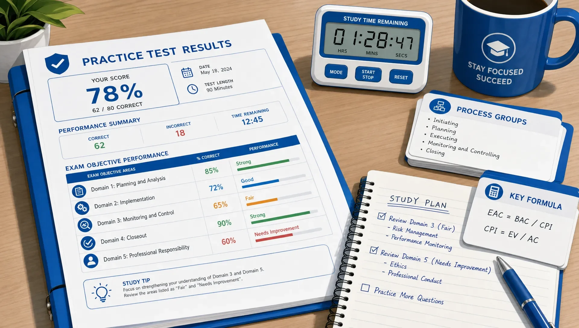 Printed practice test results with highlighted objective areas.
