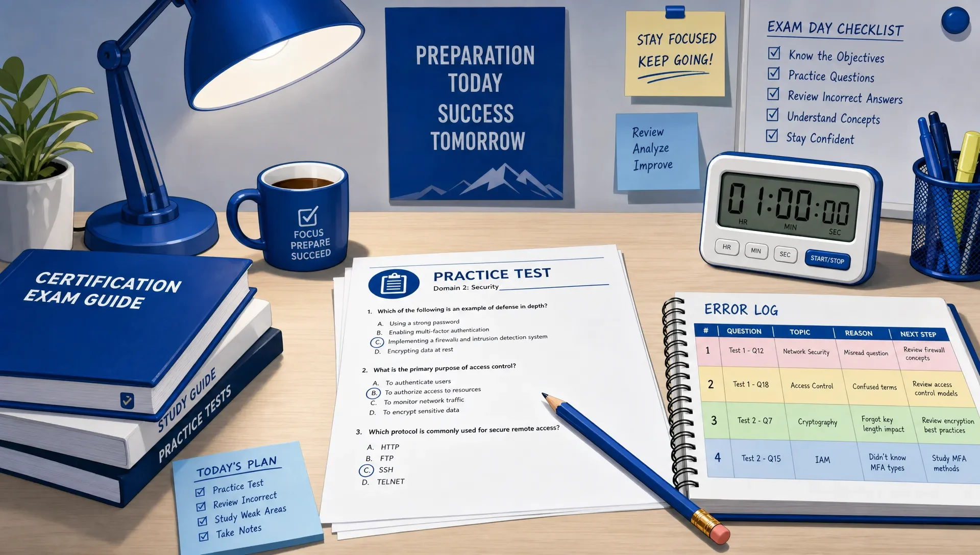 Study desk with a practice test, error log, pencil, and timer for exam review.