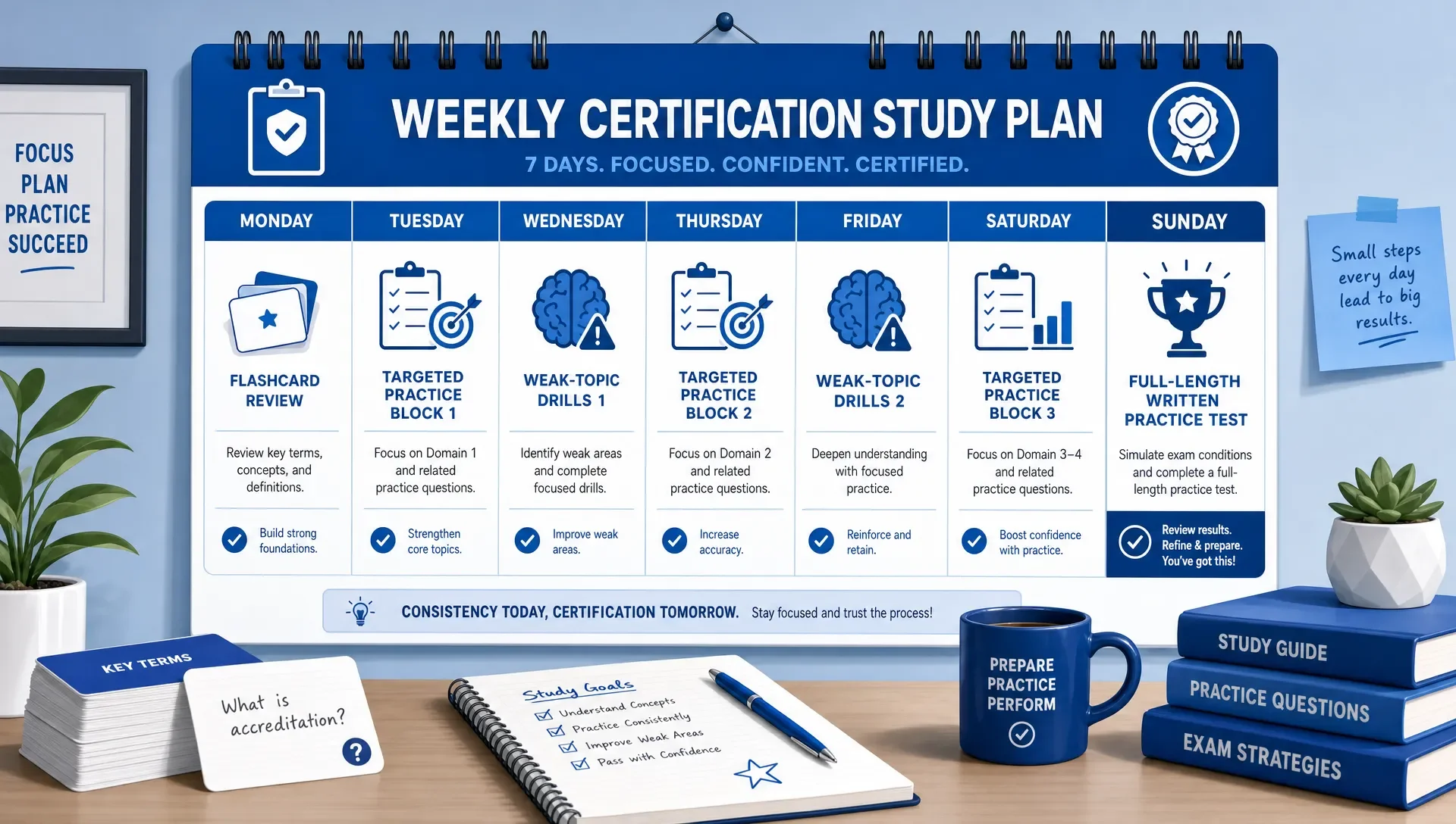 Weekly calendar showing a certification study plan with flashcards, practice blocks, and a final practice test.