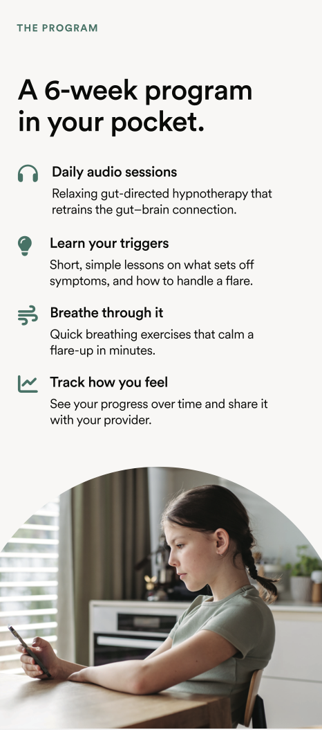 Inside the Nerva paediatric brochure: a 6-week gut-directed hypnotherapy program for teenagers with IBS, featuring daily audio sessions, trigger education, breathing exercises and symptom tracking.