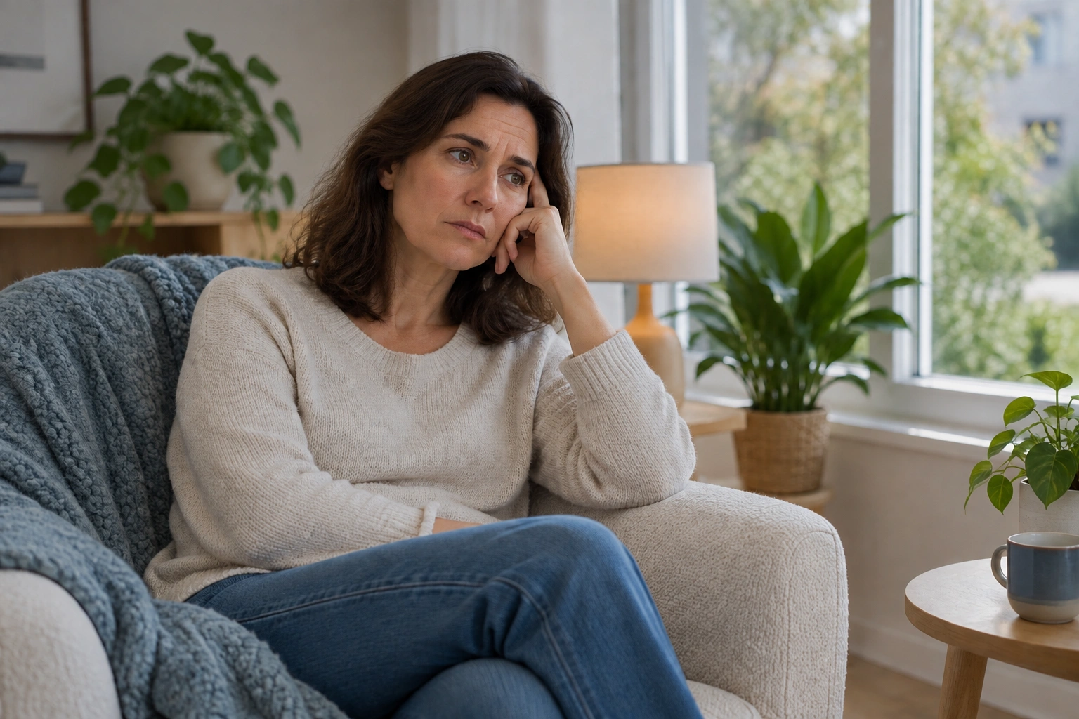 Une patiente pensive dans un fauteuil, le regard absent