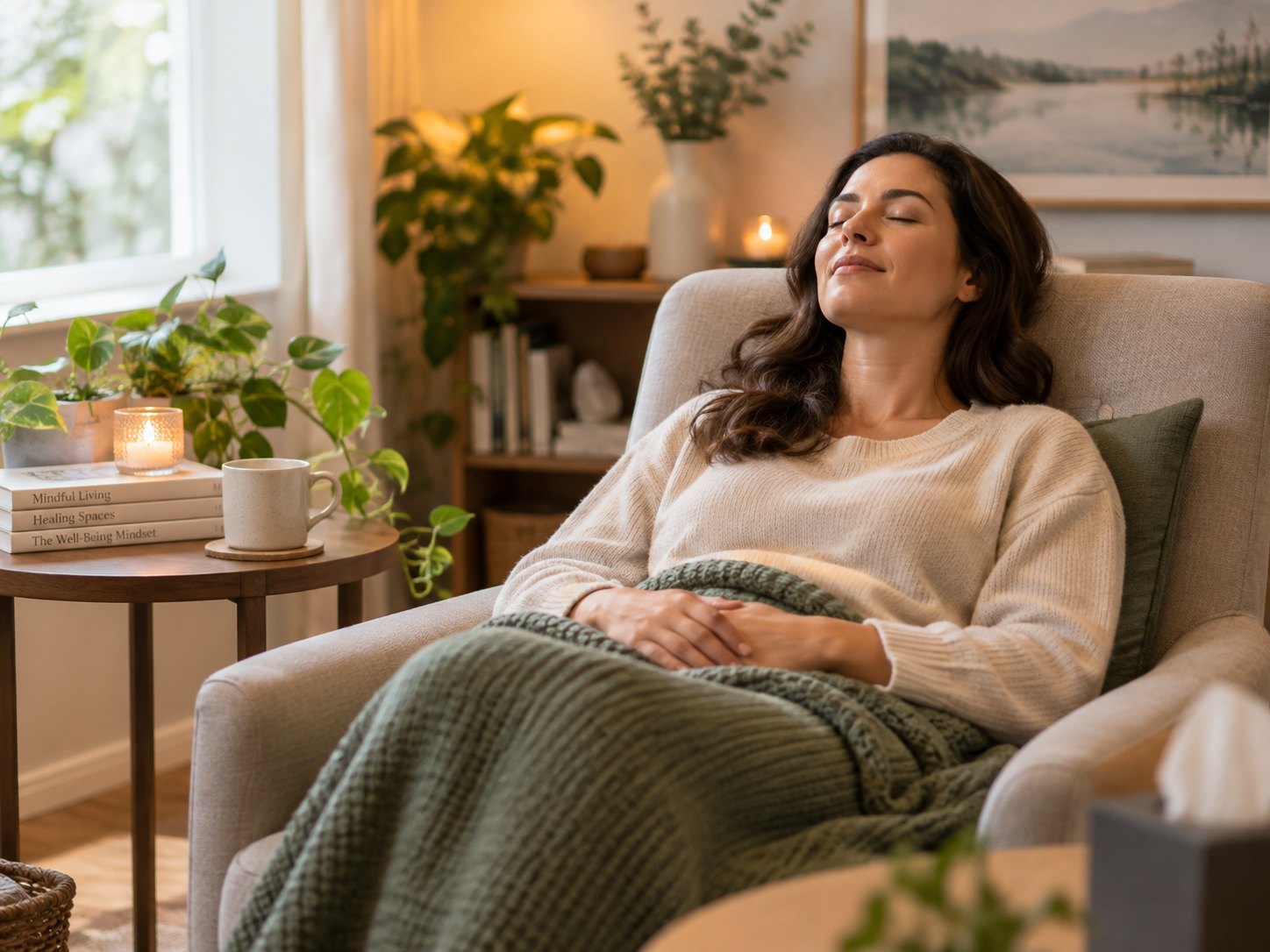 A woman resting peacefully in an armchair, eyes closed