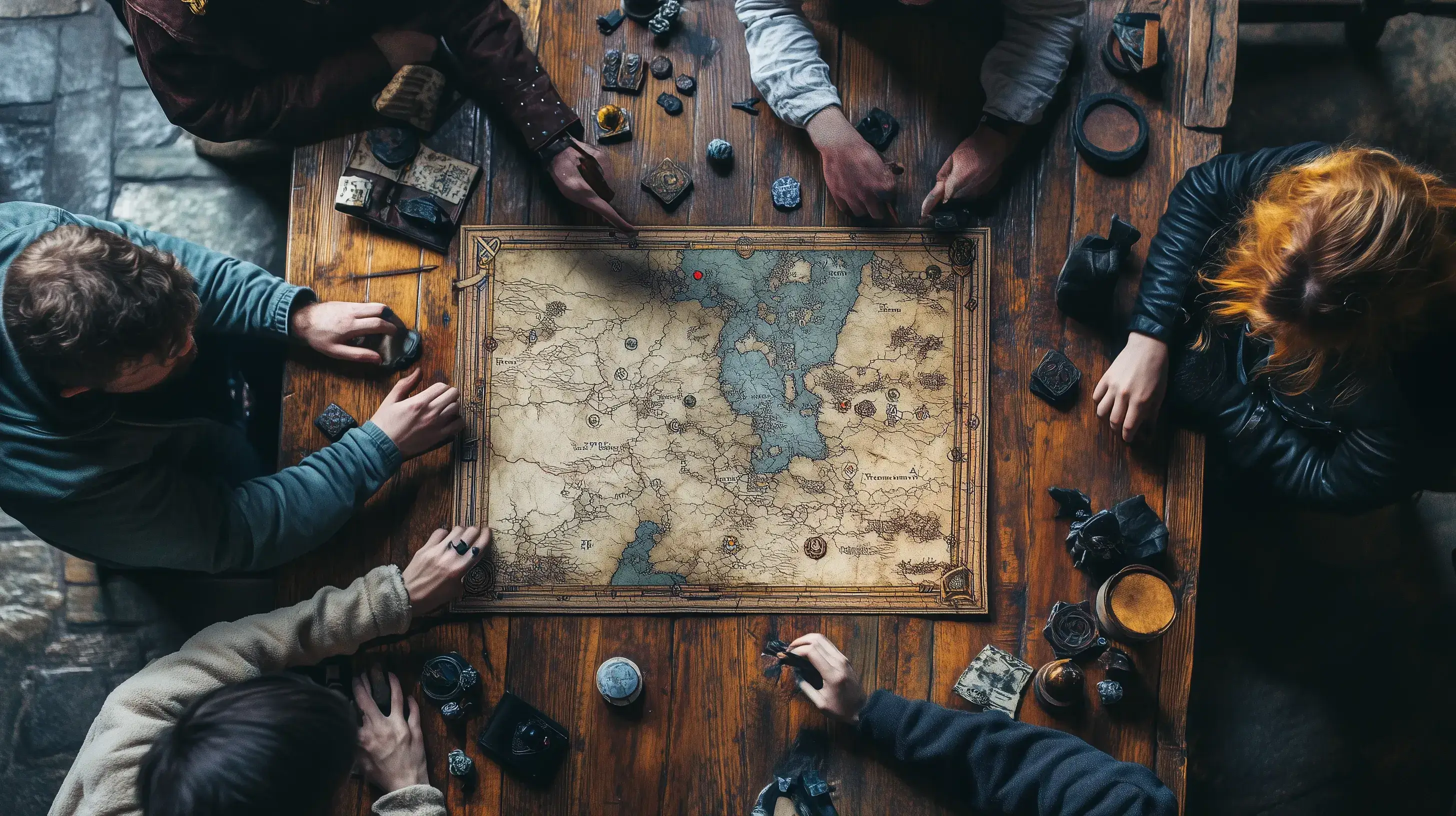 Skupina lidí hrajících stolní RPG hru, soustředěně prohlížející mapu s figurkami na herním stole.