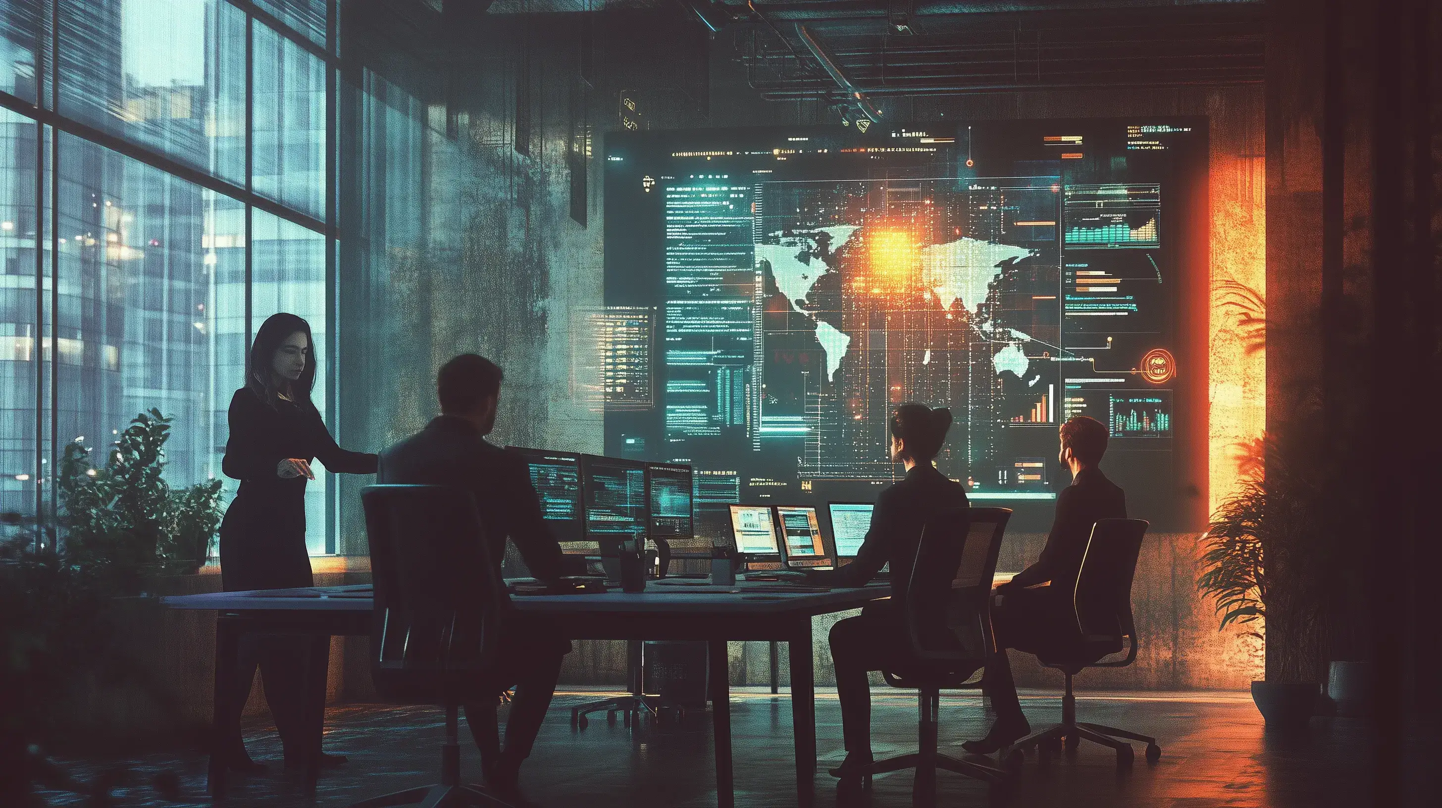 Moderní marketér ve futurální kanceláři s hologramy a daty.