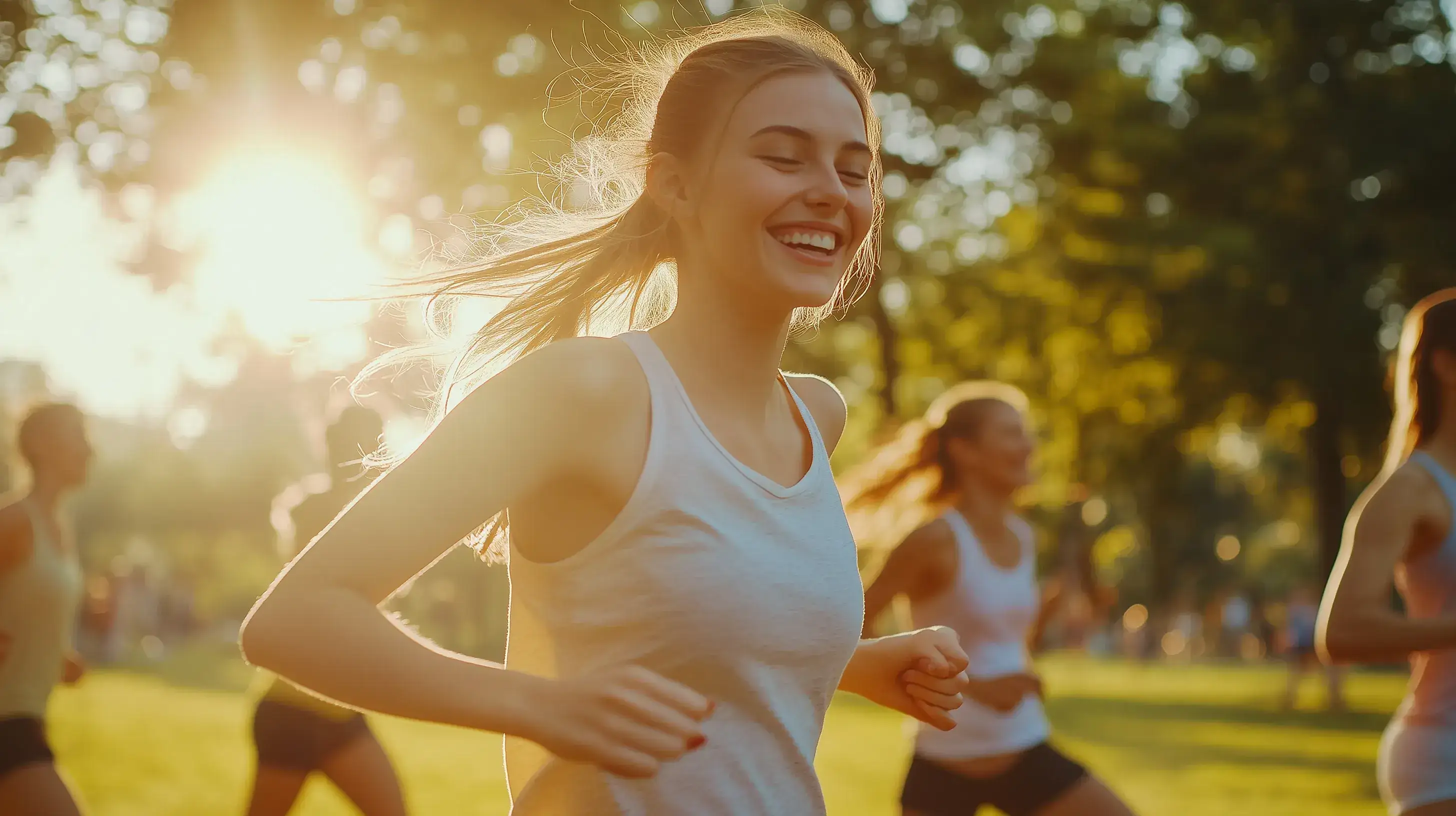 Skupina lidí běhá s radostí.