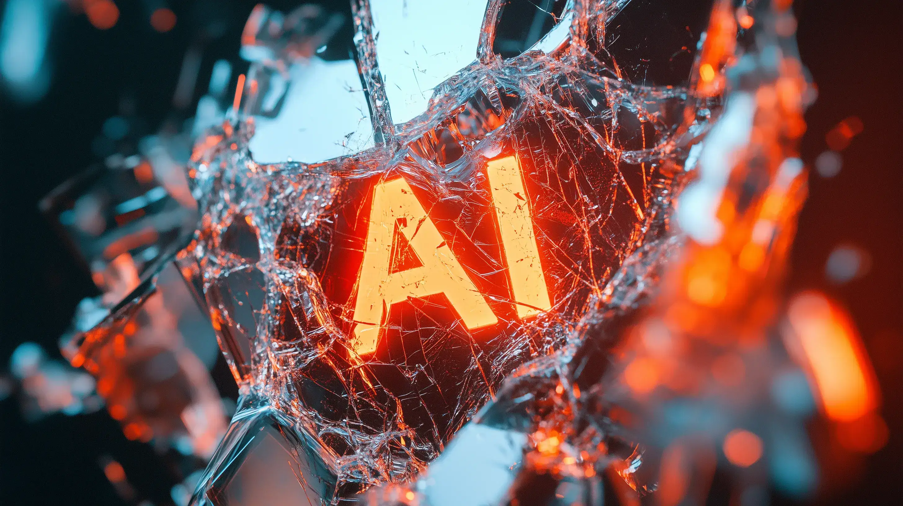 Rozbité zrcadlo odrážející zkreslené logo AI