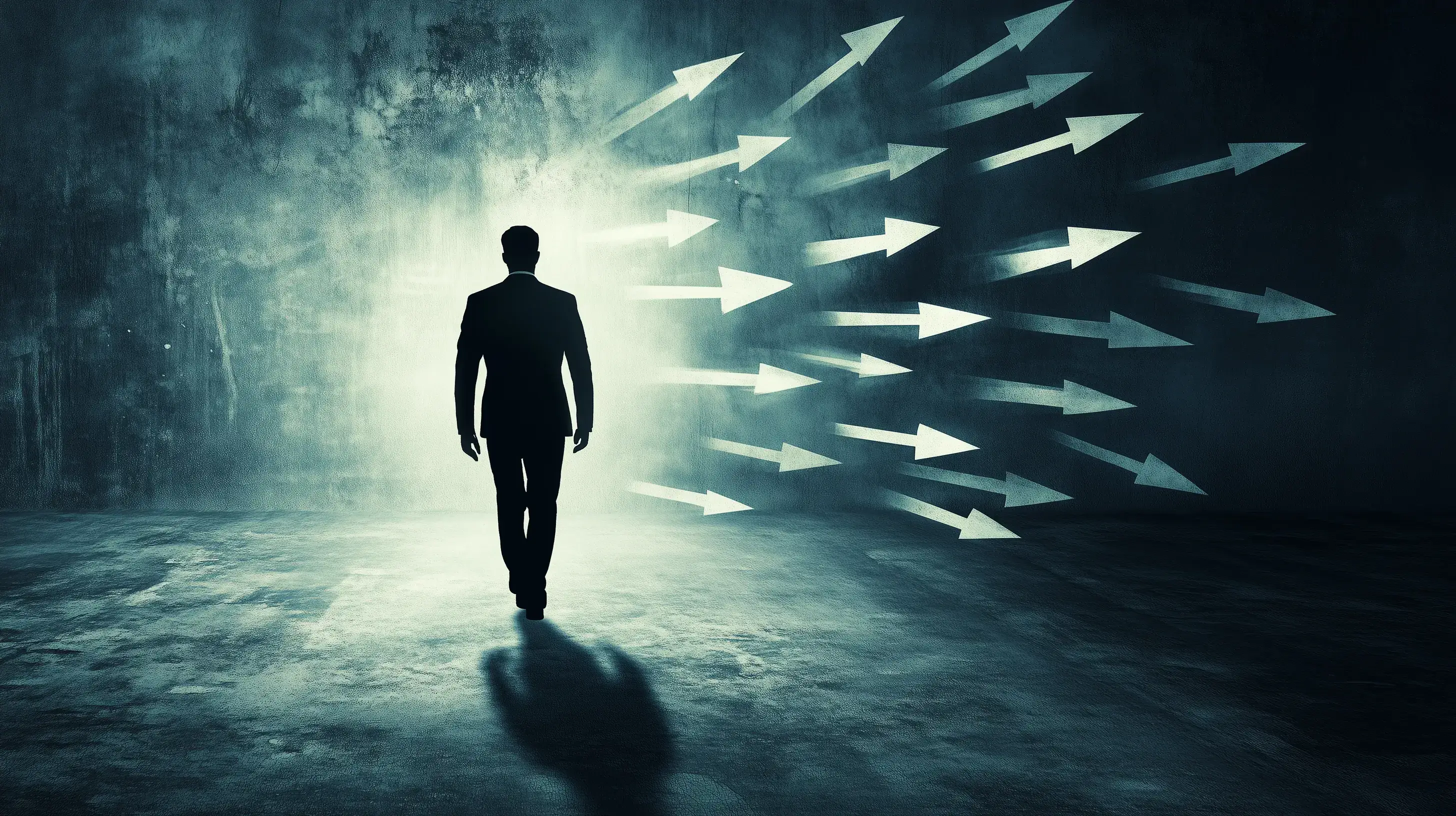 Silueta postavy kráčející proti směru konvenčních šipek