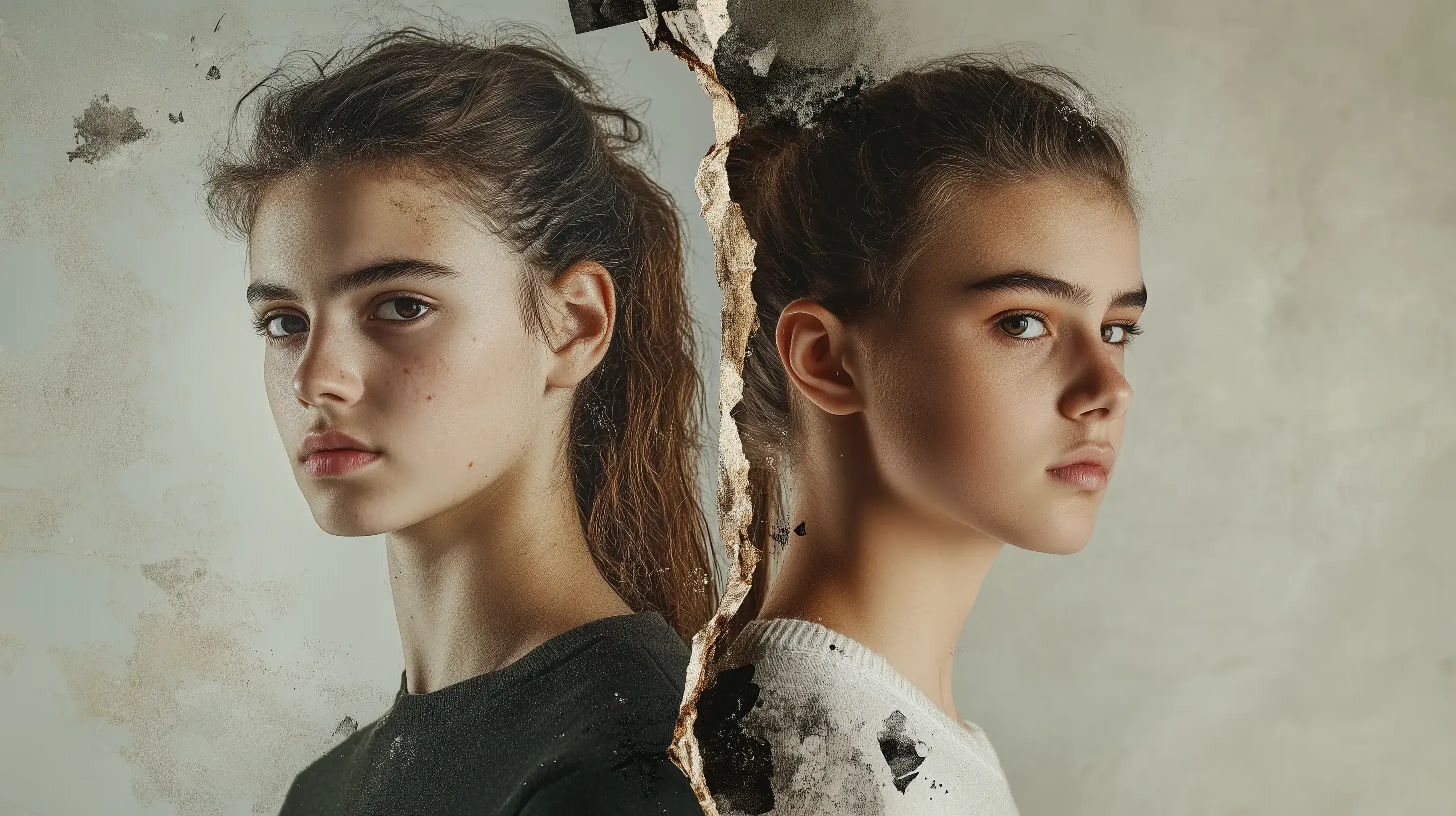 Koláž sourozenců z generace Z a Alfa s prasklinou uprostřed