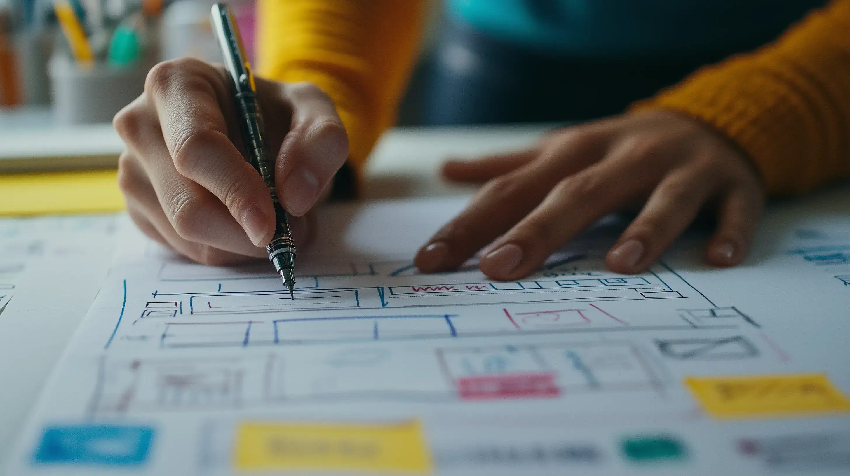 Ruka píšící na papír s osnovou a klíčovými slovy