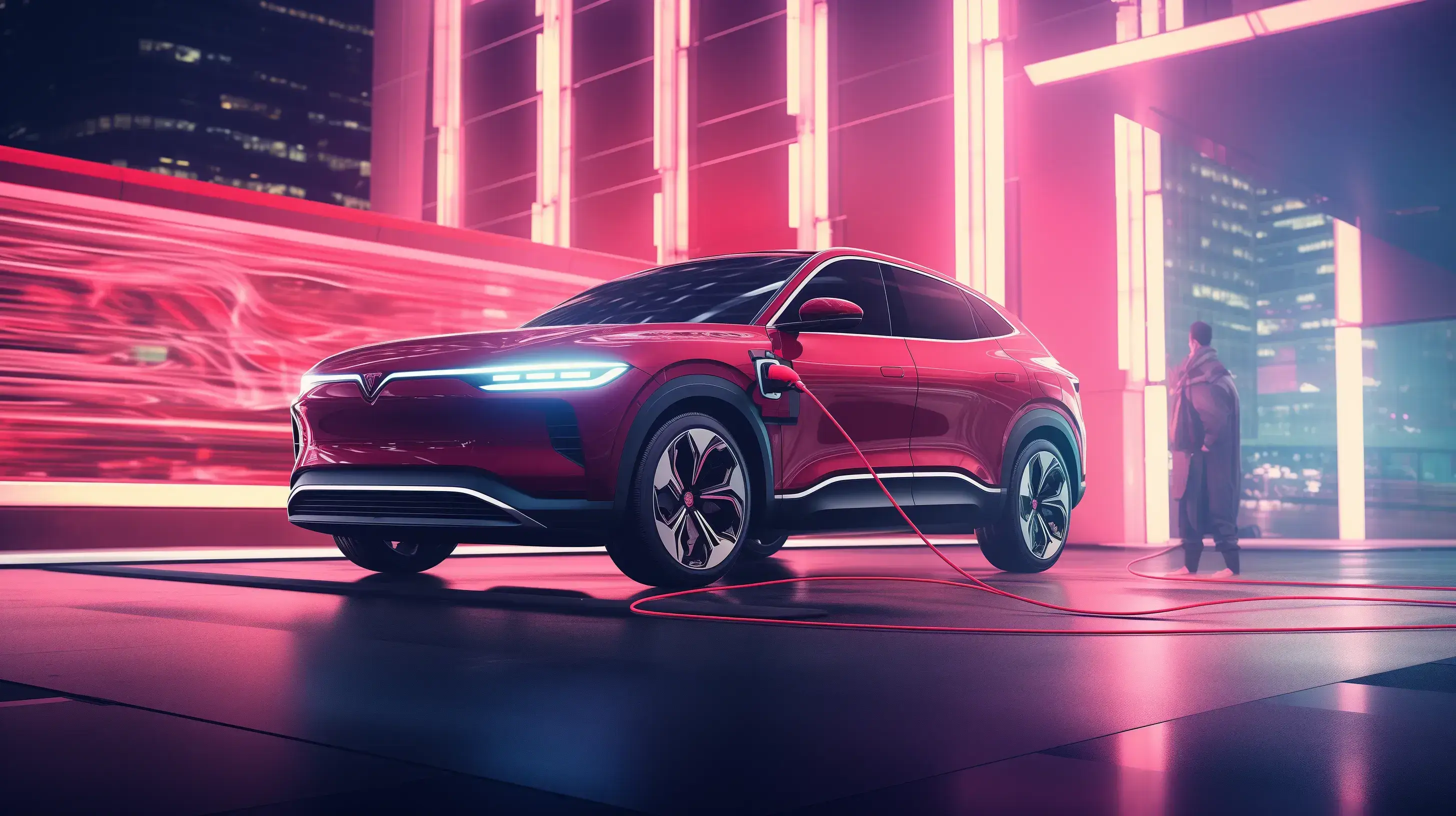 Futuristické elektrické SUV napojené na ultrarychlou nabíječku v čínském městě s vizuálním znázorněním chytré sítě.