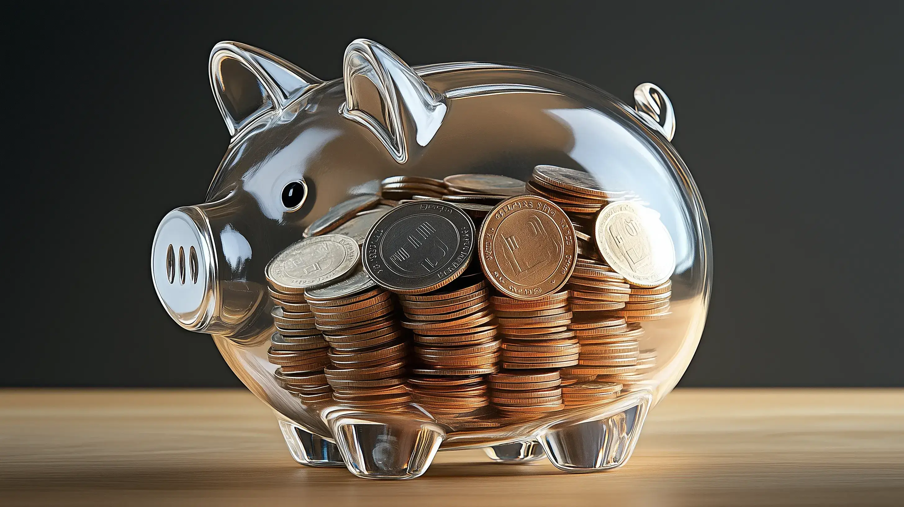 Obrázek skleněného prasátka pokladničky s naspořenými mincemi.