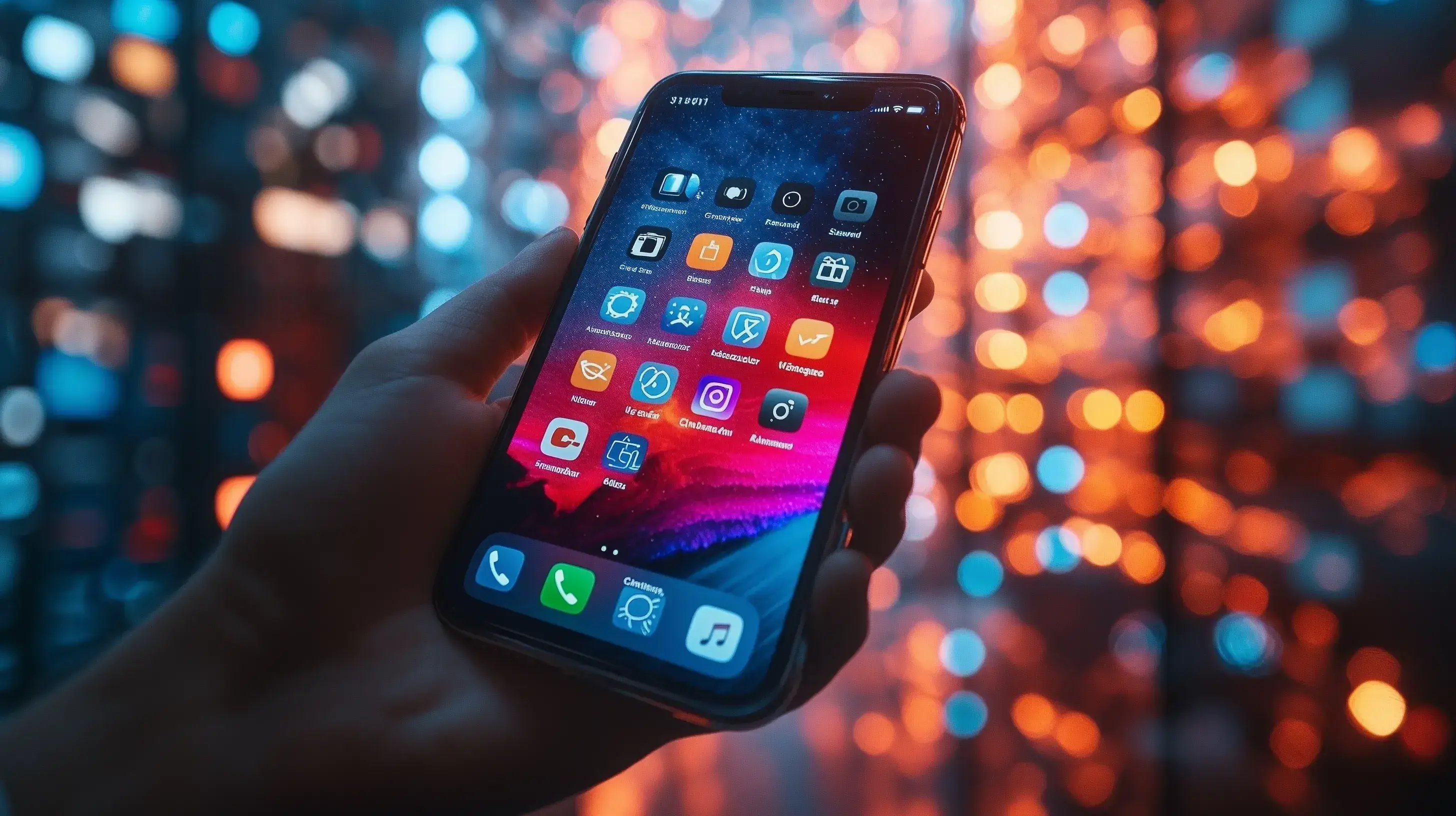 Fotografie iPhone s abstraktní vizualizací AI a rozmazanými siluetami lidí v pozadí.