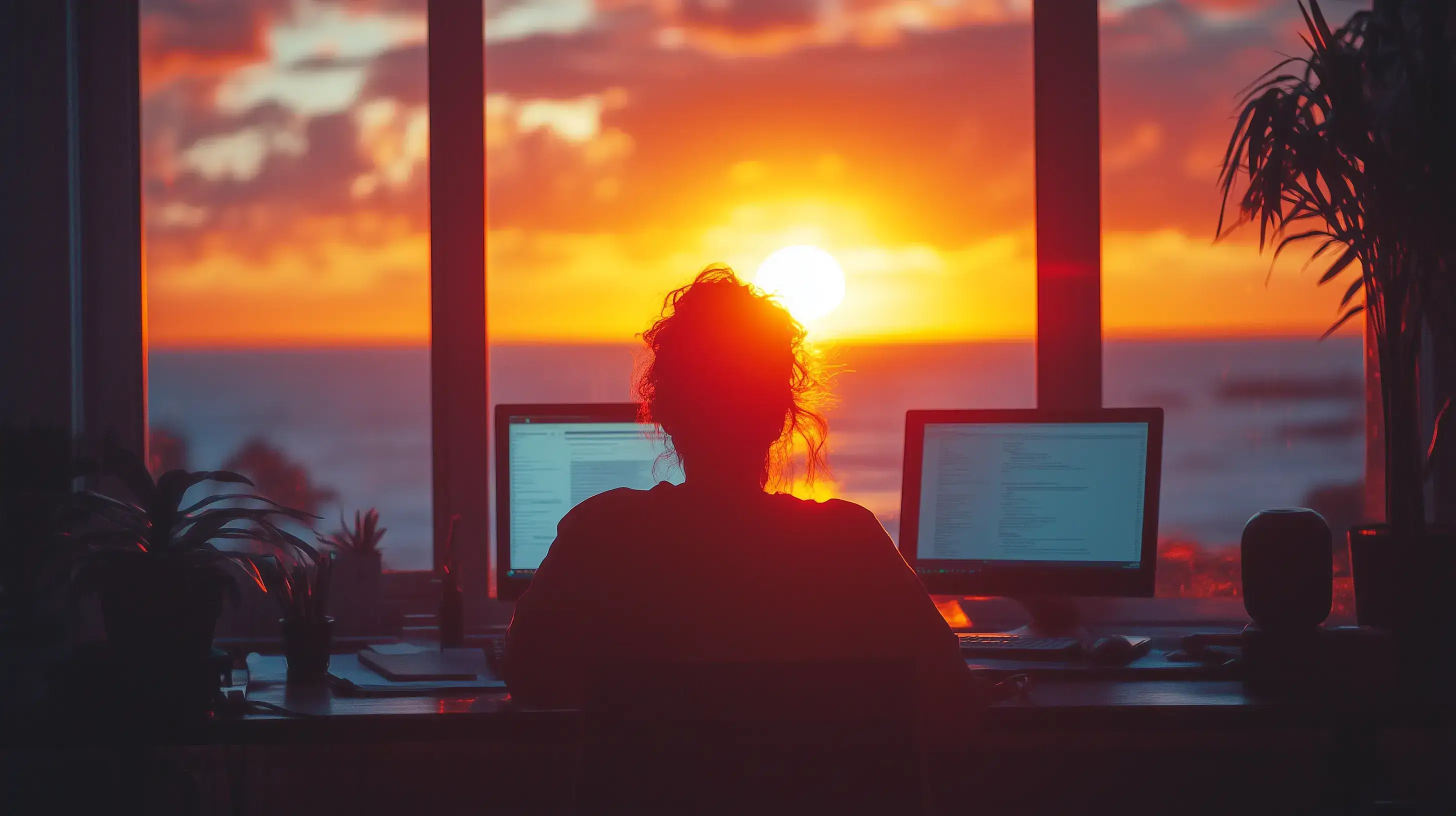 Silueta člověka pracujícího u počítače s pozadím západu slunce, symbolizující flexibilní pracovní dobu.