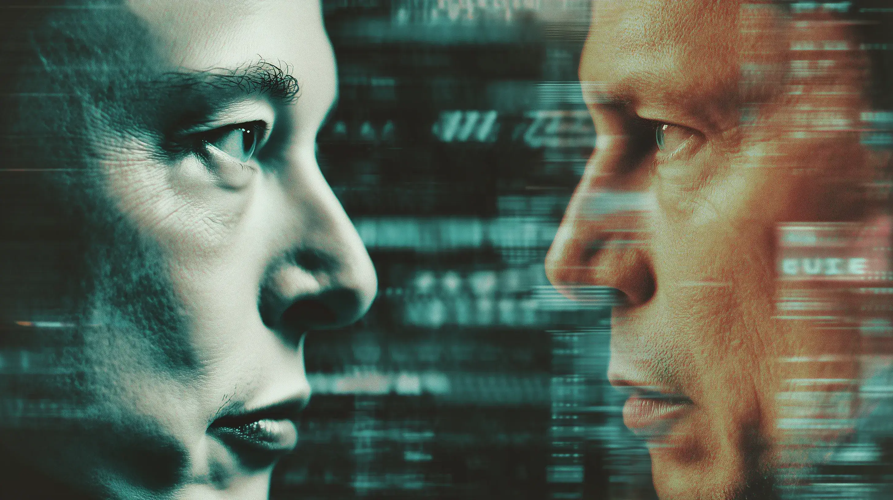 Dvě siluety mužů proti sobě symbolizující souboj o umělou inteligenci mezi Muskem a Altmanem.