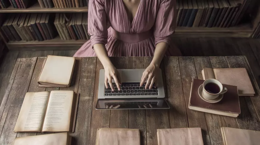 Žena sedící u stolu, píšící na notebooku, obklopená poznámkovými bloky a knihami, symbolizující vášeň pro psaní a kreativní práci.