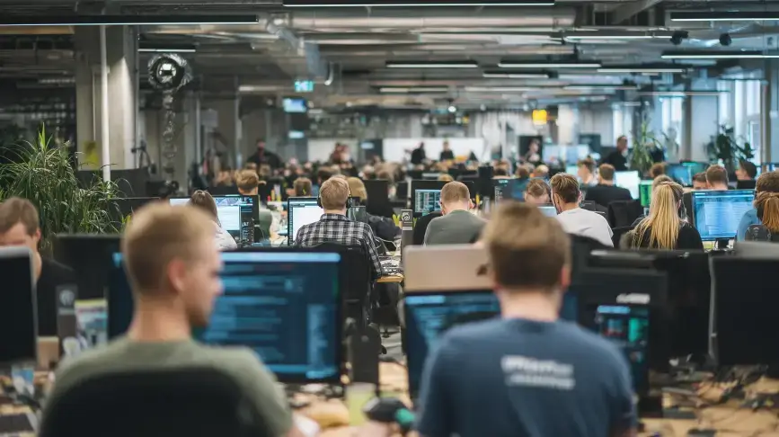 Lidé spolupracují v moderní kanceláři, symbolizující udržitelný růst technologického startupu v oblasti AI a Web3.