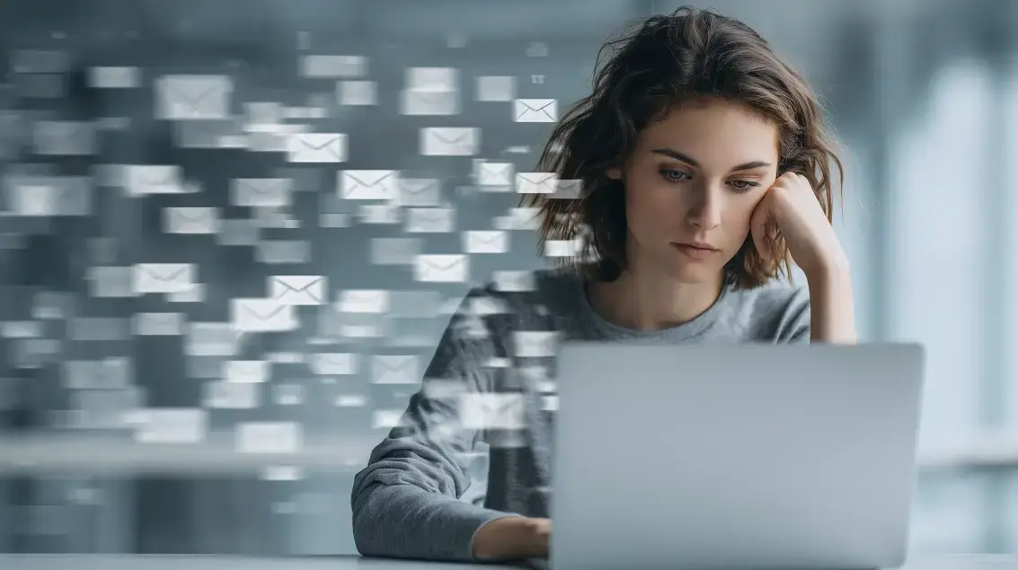 Žena s notebookem s ikonami e-mailů, ilustrace úspěšné marketingové kampaně.