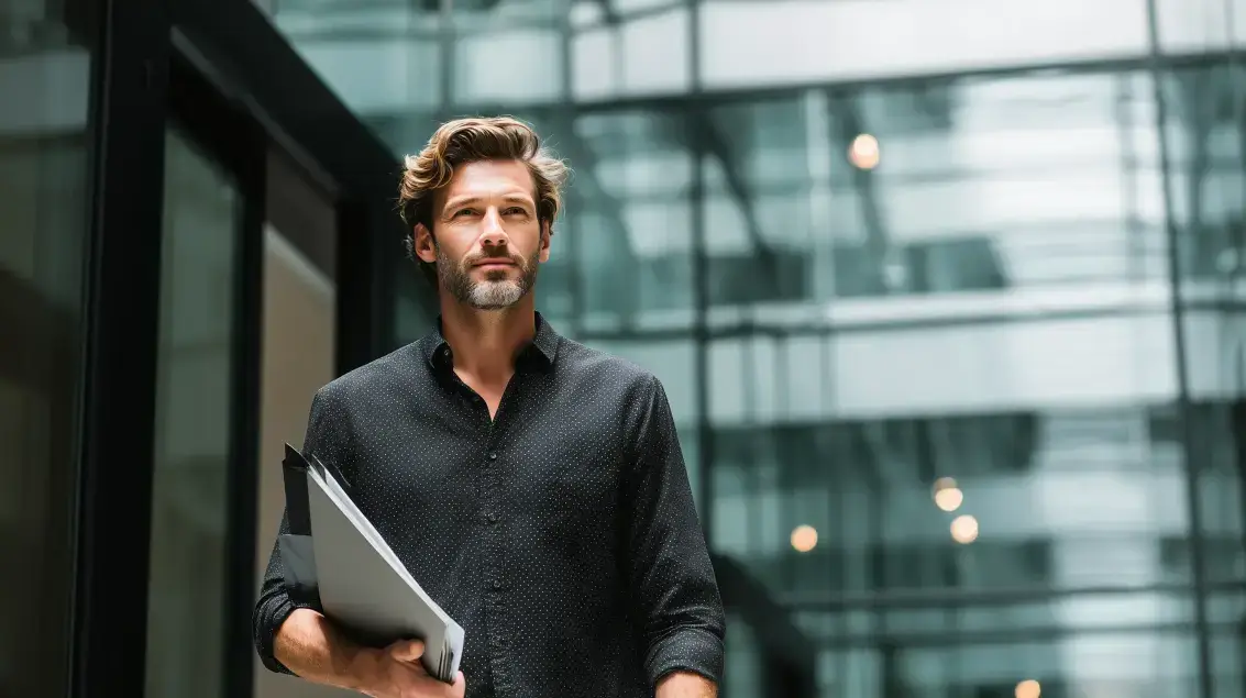 Sebevědomý muž ve věku 32 let v moderním kancelářském prostředí symbolizující úspěšný kariérní restart.