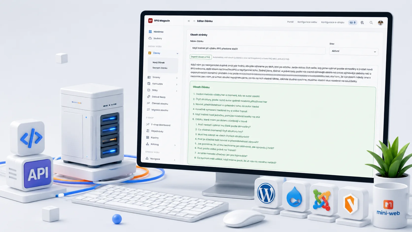 Editor článku v administraci Mini-webu s automaticky doplněným obsahem a FAQ