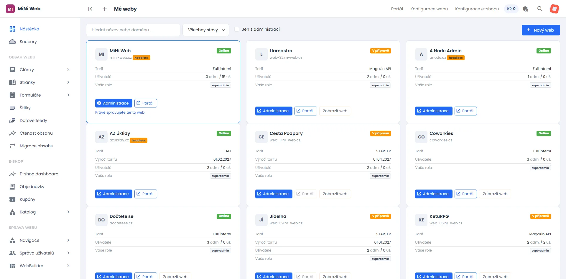 Přehled Moje weby v administraci Mini-webu — dlaždice webů s tarifem, počtem uživatelů a rolí