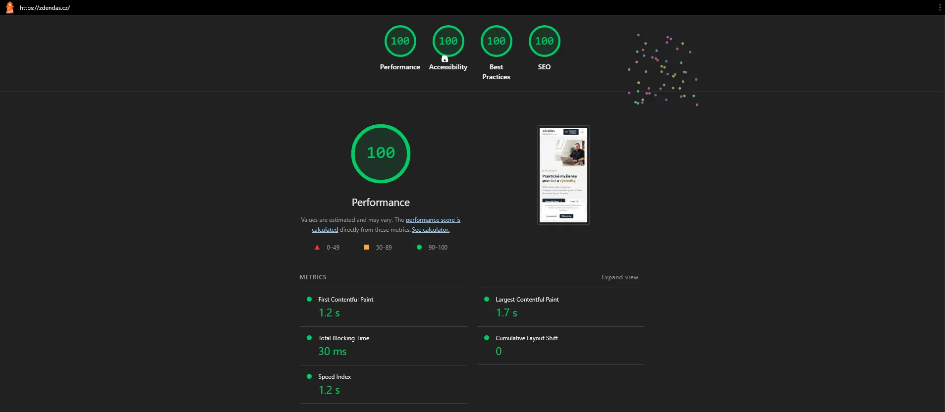 Lighthouse report webu zdendas.cz — 100 bodů ve všech čtyřech kategoriích, LCP 1,7 s a CLS 0