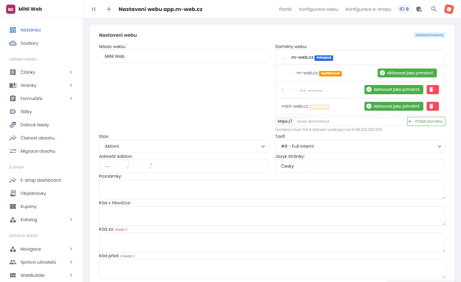 Nastavení webu s přehledem domén — primární, systémová a další připojené adresy