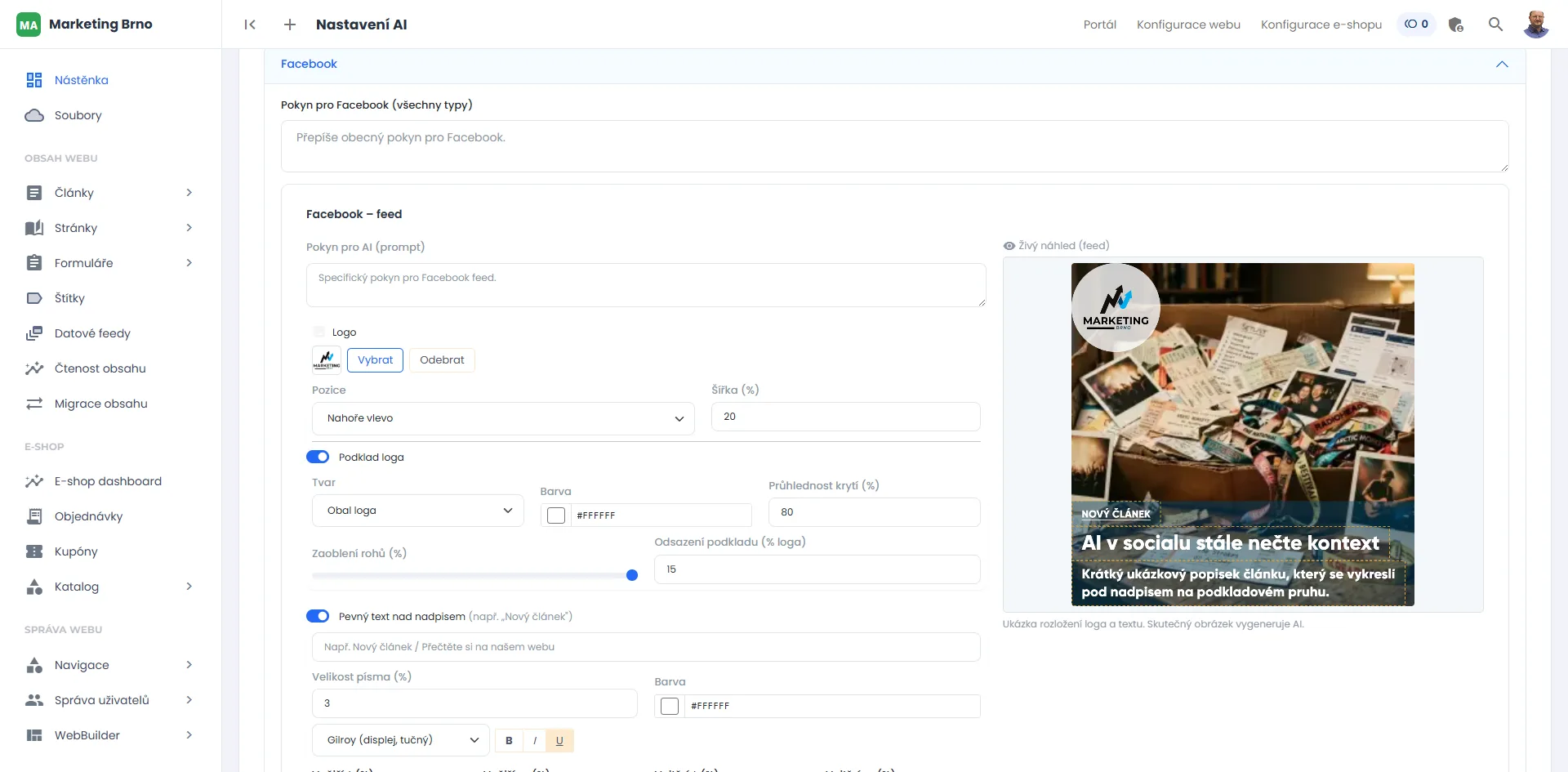 Nastavení AI pro Facebook — pokyn pro AI, logo, podkladový pruh a živý náhled výsledného obrázku