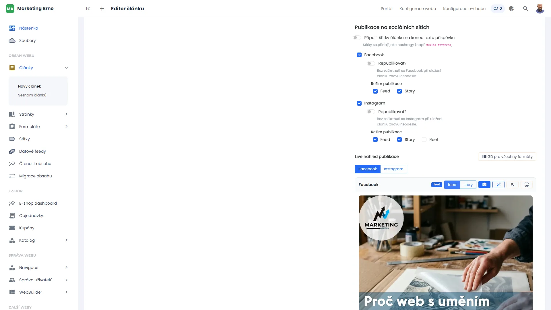 Panel publikace u článku — výběr sítí, režimy feed, Story a Reel a živý náhled