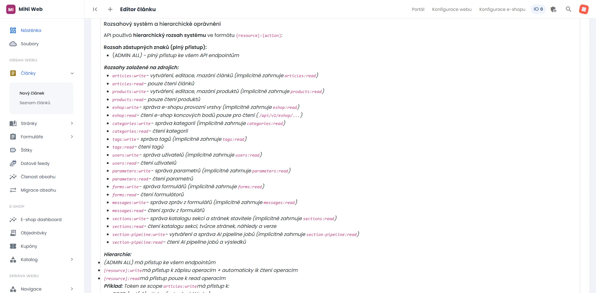 Dokumentace rozsahů oprávnění — hierarchický systém scopes ve tvaru resource:action