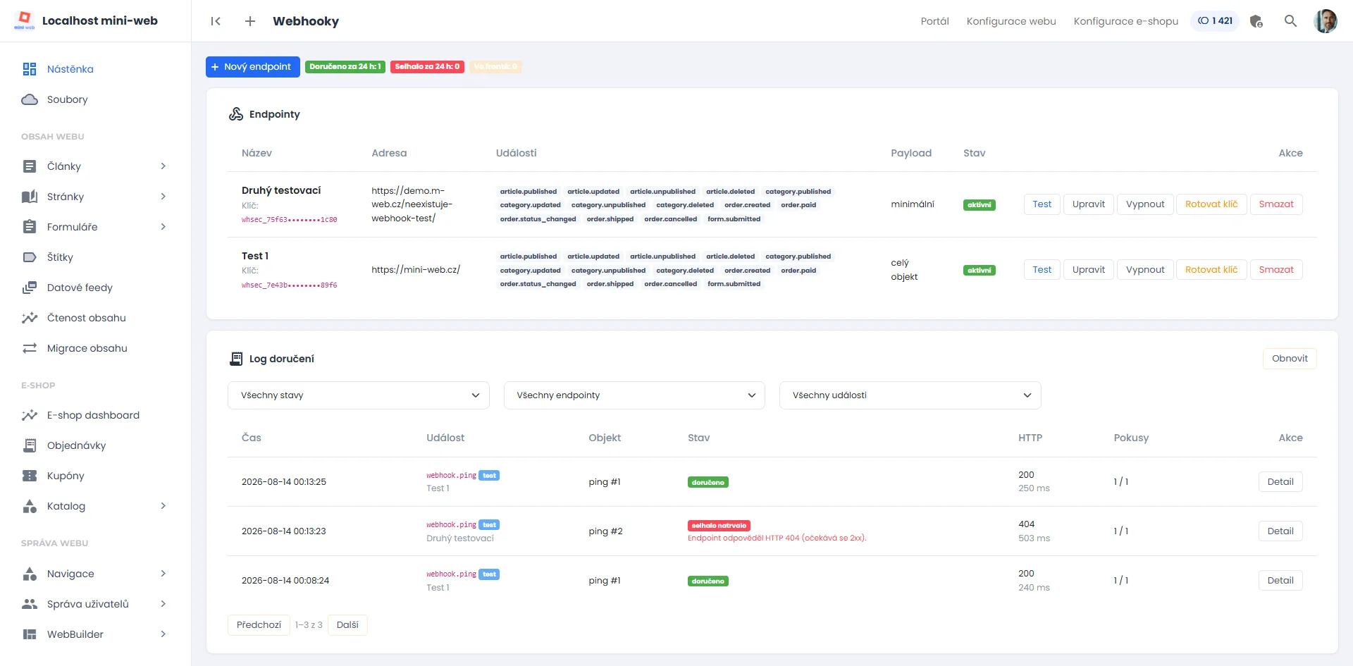 Správa webhooků — dva endpointy s vybranými událostmi a log doručení s úspěšnými i neúspěšným odesláním