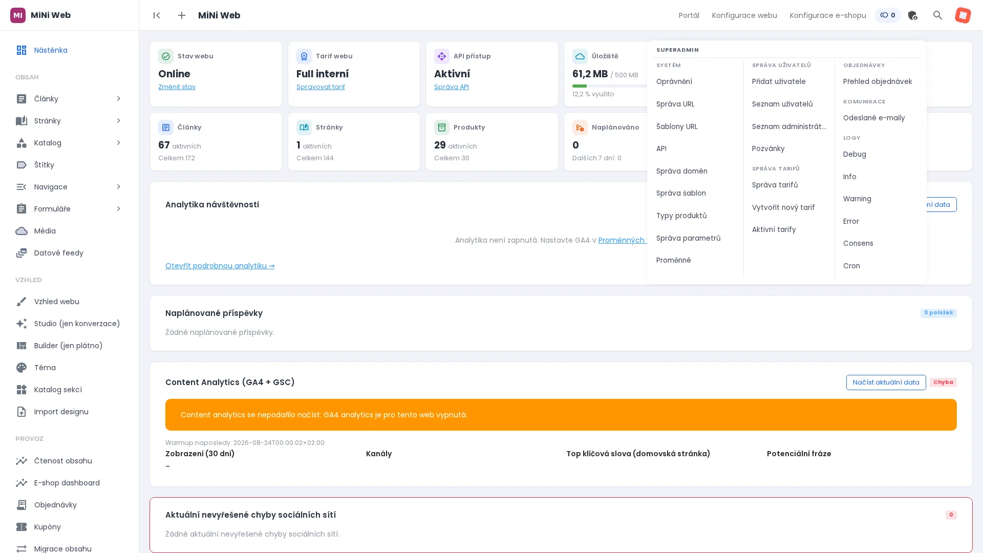 levé menu administrace s rozbalenou sekcí SuperAdmin a viditelnými položkami Oprávnění, Správa uživatelů, Správa URL, Šablony URL, API, Správa domén, Správa šablon, Typy produktů, Správa parametrů, Proměnné, Správa tarifů, Logy