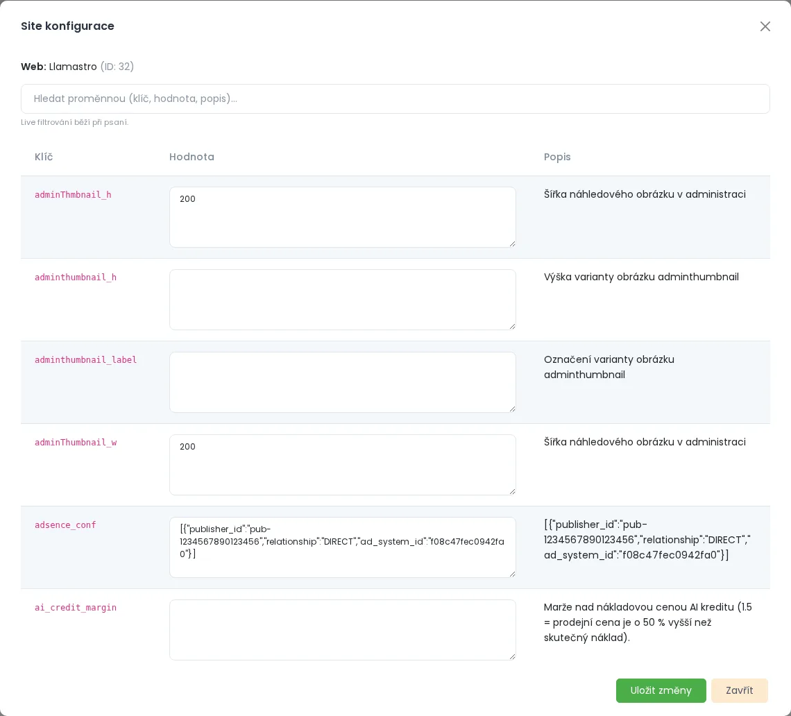 okno „Site konfigurace“ s tabulkou klíčů a hodnot a tlačítkem Uložit změny