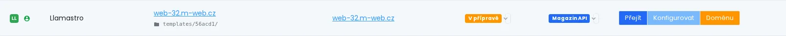 řádek webu v přehledu s tlačítkem pro vygenerování odkazu a vygenerovaným odkazem ke zkopírování