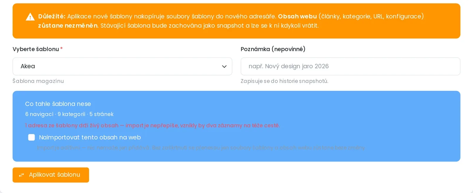 Obrazovka Šablona webu: výběr šablony, poznámka do historie a náhled toho, co balíček nese, s volbou importu obsahu