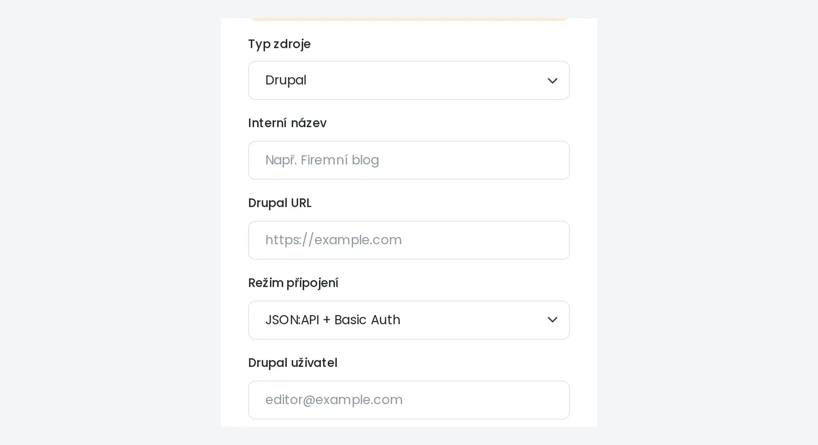 Formulář zdroje migrace v administraci s typem zdroje Drupal, adresou webu a režimem připojení JSON:API s přihlášením