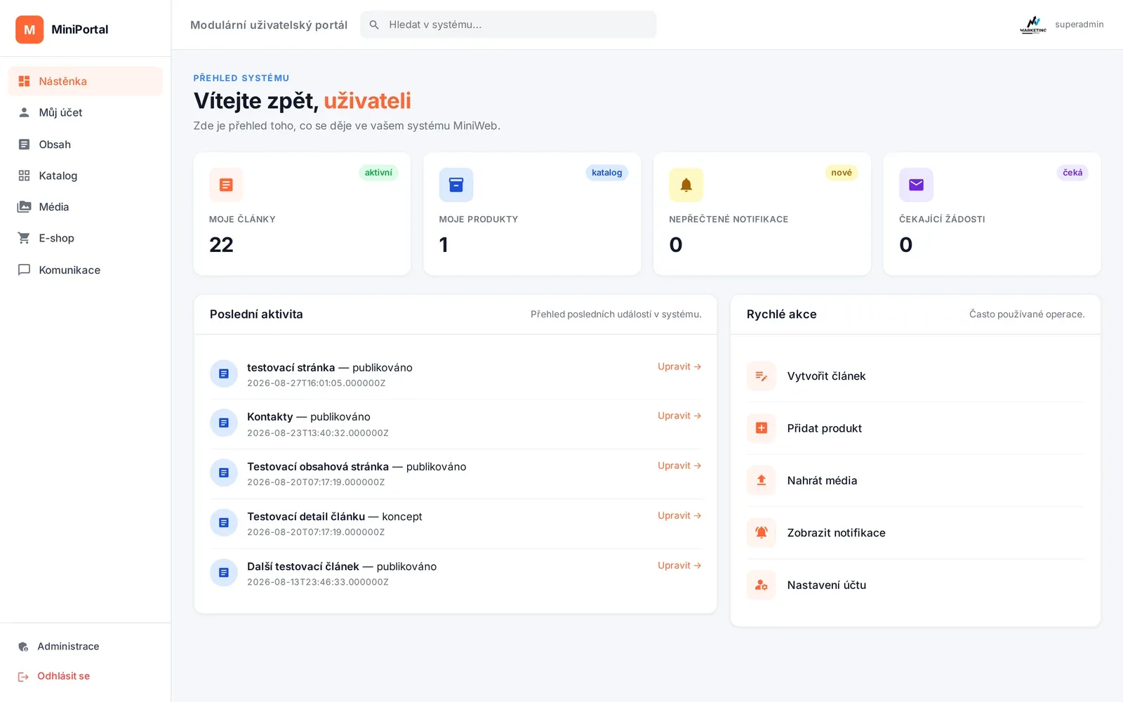 Nástěnka uživatelského portálu: dlaždice Moje články, Moje produkty, Nepřečtené notifikace, Čekající žádosti, seznam poslední aktivity a rychlé akce