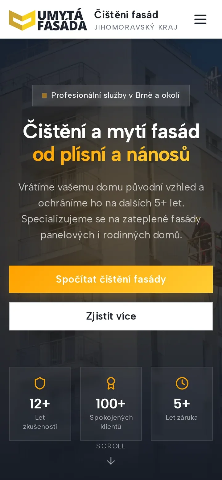 Čištění fasád Brno – kampaňový web s kalkulací — náhled na tabletu