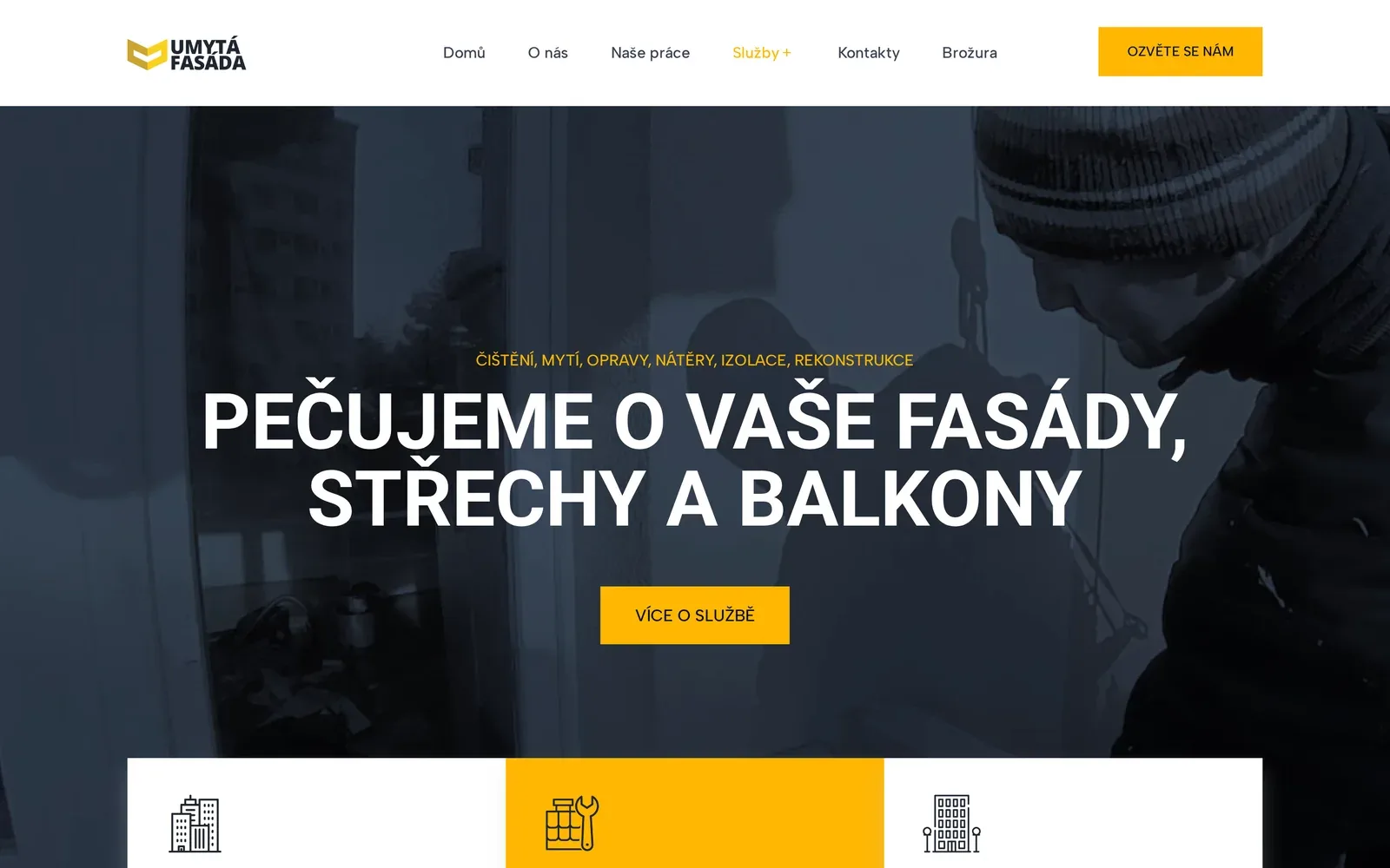 Umytá fasáda – firemní web s katalogem služeb a realizací — náhled na velké obrazovce