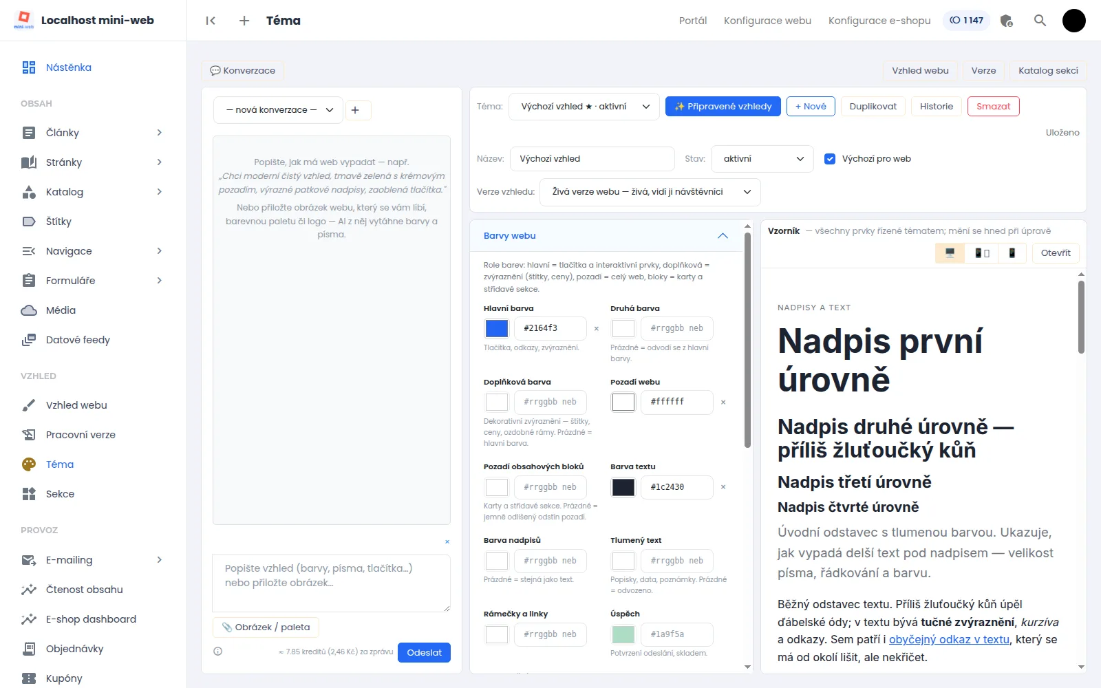 Ukázka z administrace: Barvy, písma a rytmus stránky bez jediného řádku CSS