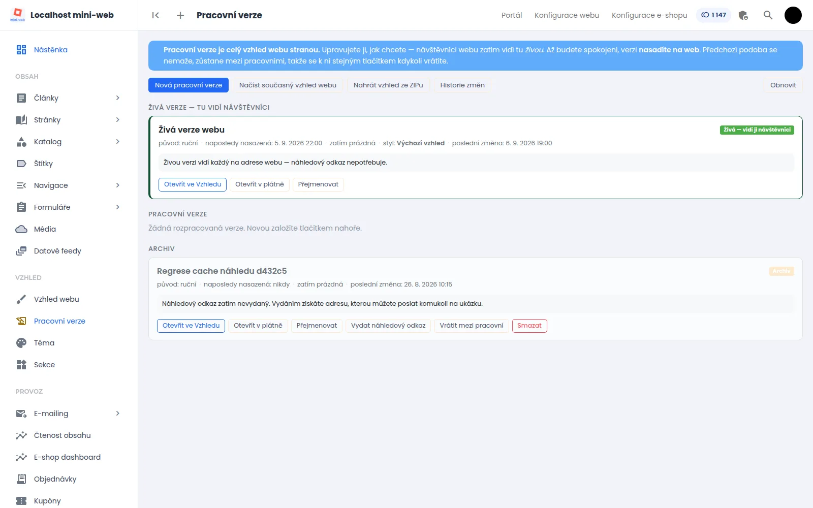 Ukázka z administrace: Rozpracovaná podoba webu žije vedle té ostré