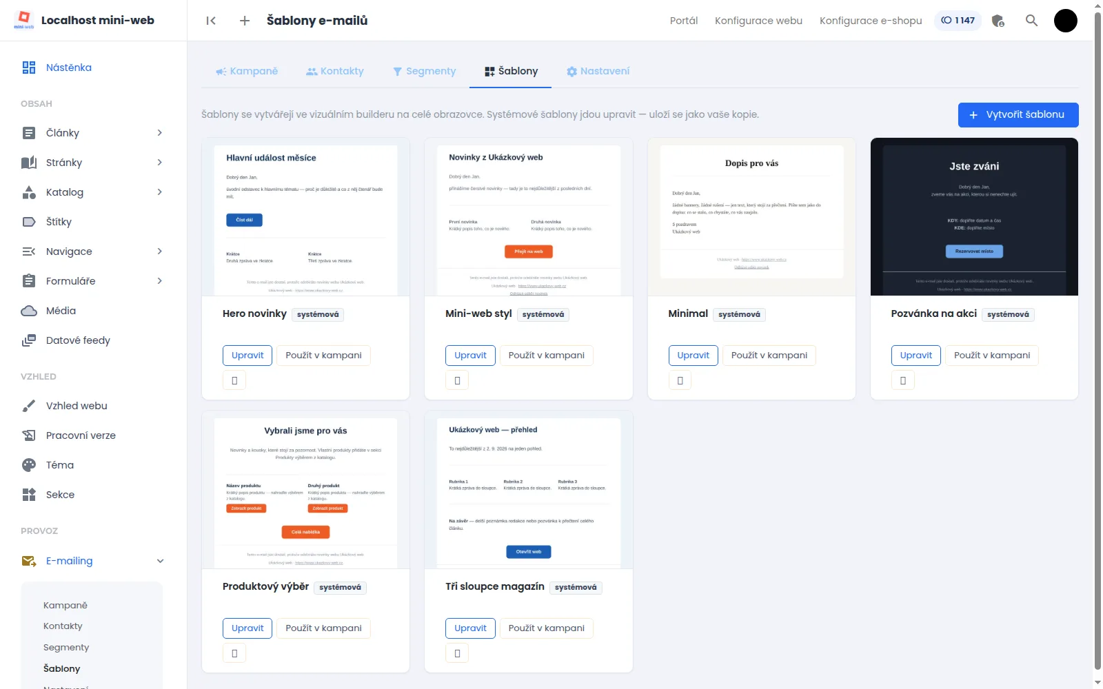 Ukázka z administrace: Vizuální editor, ve kterém píšete přímo do e-mailu