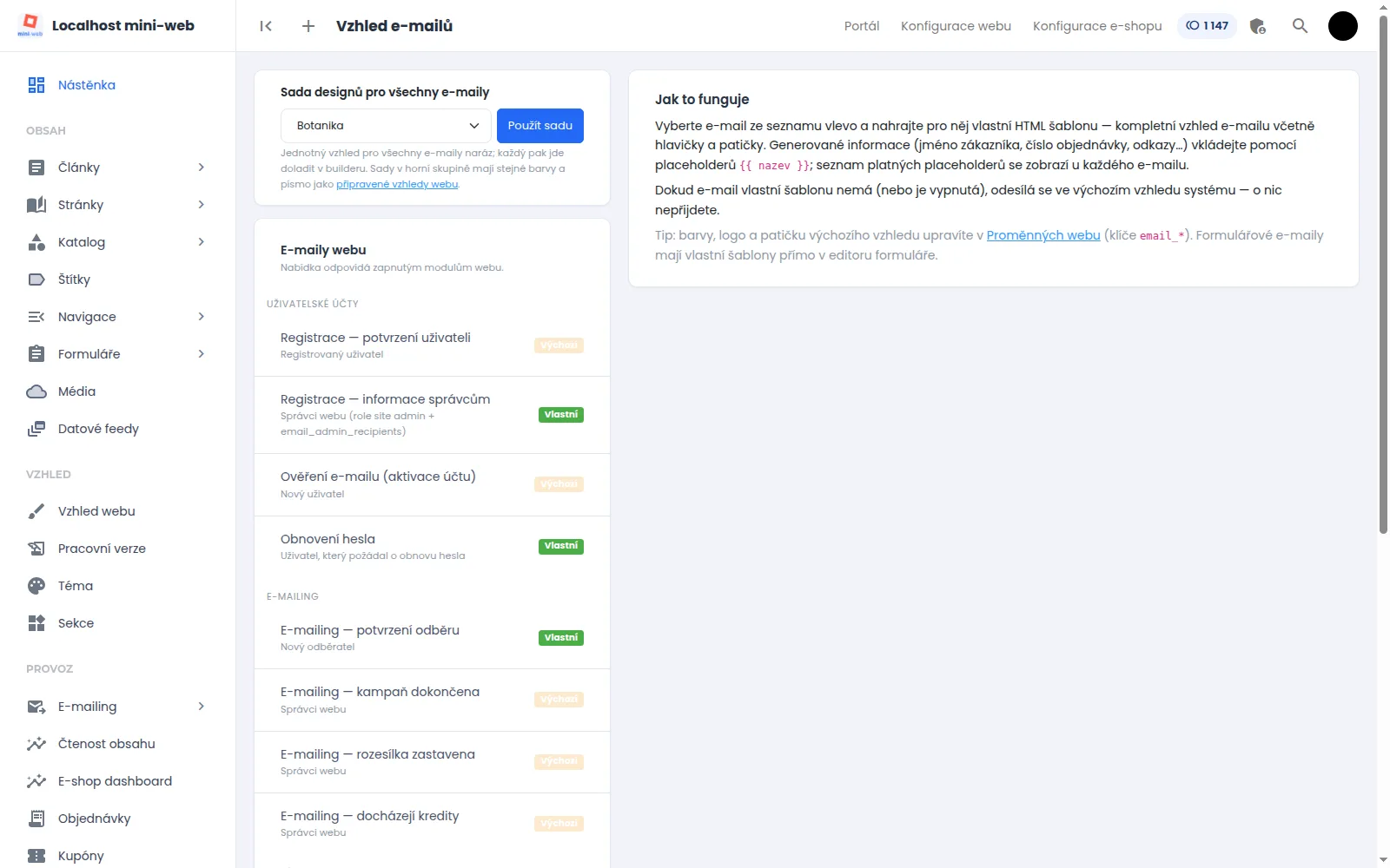 Výběr sady designů pro všechny automatické e-maily webu