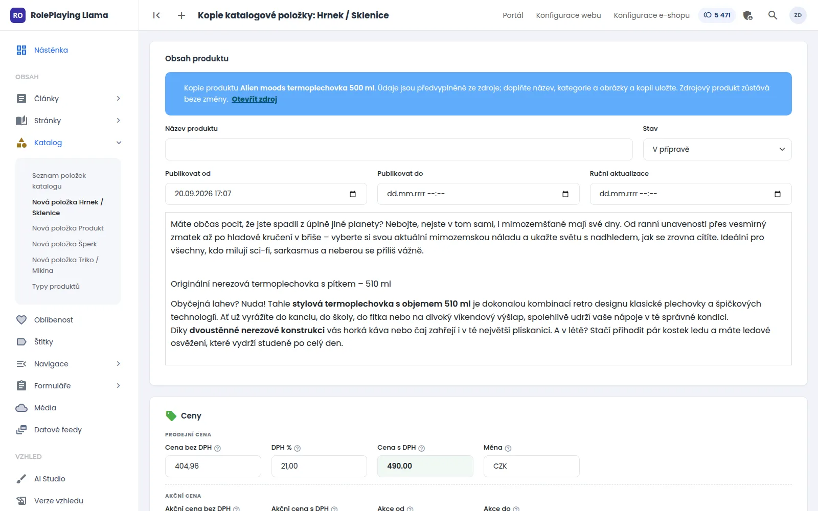 Ukázka z administrace: Kopie se otevře jako nový produkt s předvyplněnými údaji a odkazem na zdroj