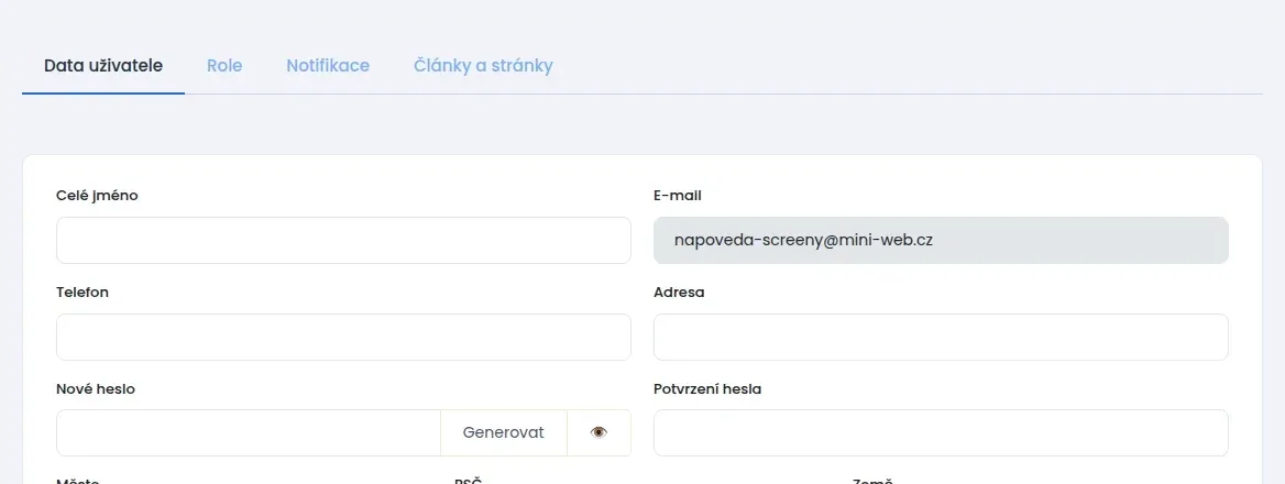 Stránka Můj profil s poli Nové heslo a Potvrzení hesla