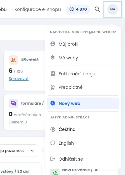 Rozbalené uživatelské menu s položkami Můj profil, Mé weby, Fakturační údaje, Předplatné, Nový web, Jazyk administrace a Odhlásit se