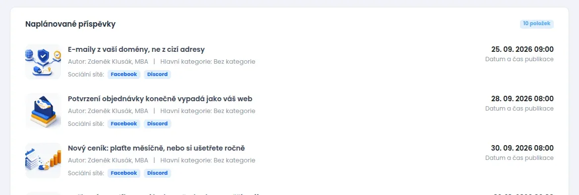 Seznam naplánovaných článků s datem zveřejnění a štítky sociálních sítí
