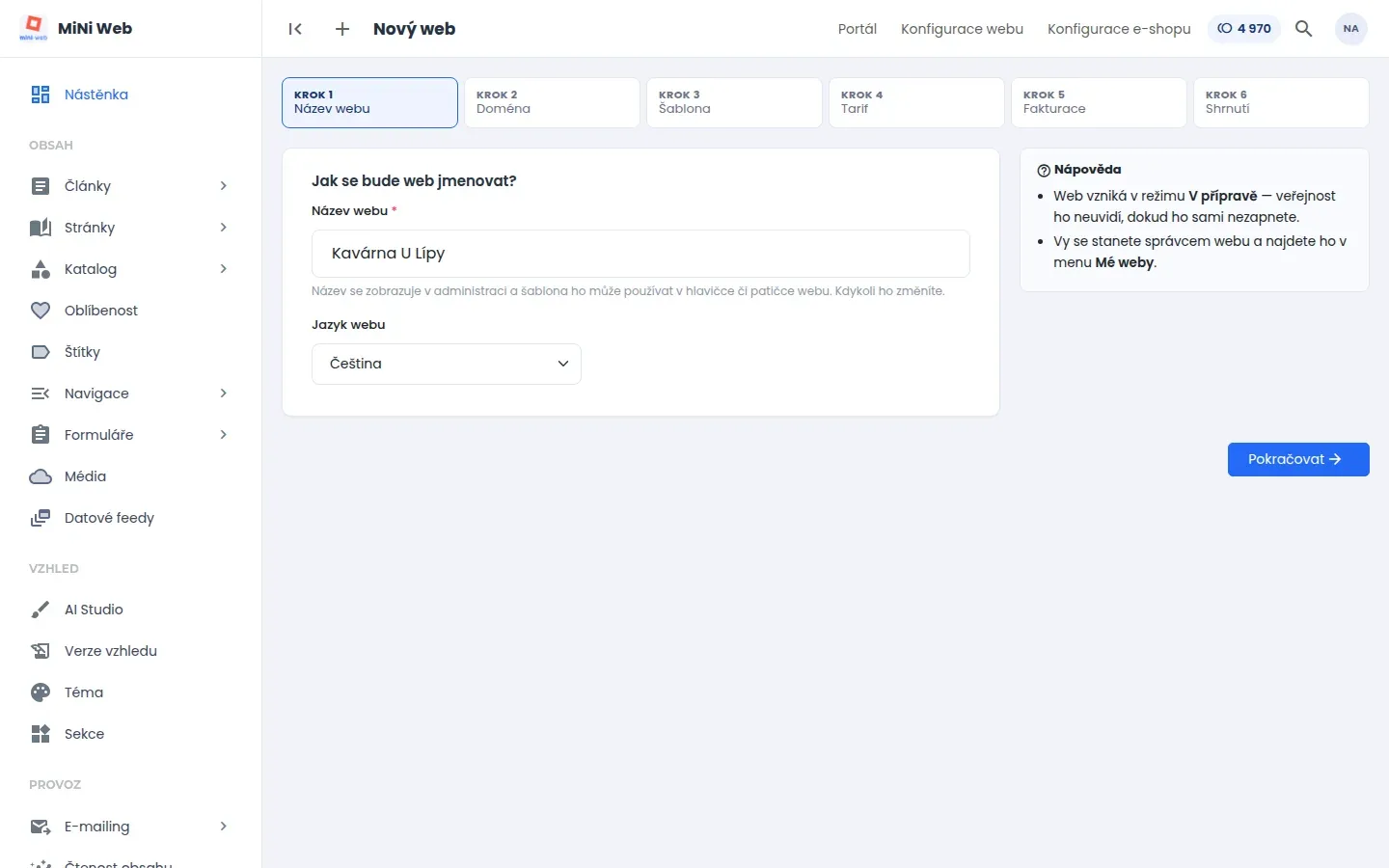 První krok průvodce: pole Název webu a výběr jazyka