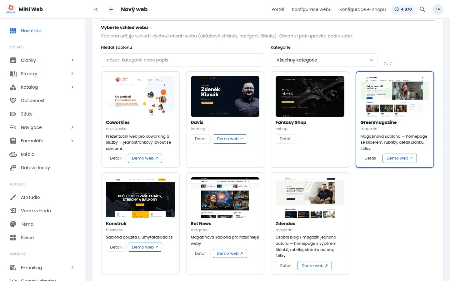 Katalog šablon s kartami a odkazy Detail a Demo web, jedna šablona je vybraná