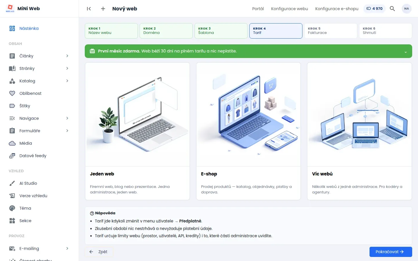 Čtvrtý krok průvodce: výběr mezi Jeden web, E-shop a Víc webů