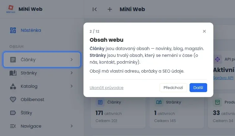 Bublina průvodce s nadpisem Obsah webu ukazuje na položku Články v levém menu